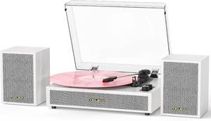 lot 5095 image: $122 Vinyl Record Player with External Speakers, 3 Speed Vintage Belt Drive Turntable Record Player with Stereo Speakers RCA Audio Out and Aux-in, White Wood