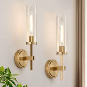 lot 5100 image: Wall Sconces Set of Two, Brushed Gold Bathroom Sconces with Clear Glass, Hardwired Sconces Wall Decor Set of 2, Modern Wall Light Fixtures for Bathroom Mirror Living Room Bedroom Hallway