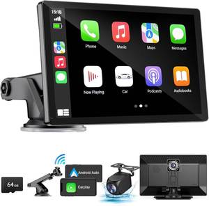 lot 5110 image: $103 Wireless Apple Carplay Screen for Car 4K Dash Cam, 9 Portable Apple Carplay & Android Auto Car Stereo, with 1080p Backup Camera, GPS NavigationMirror LinkVoice ControlBluetooth
