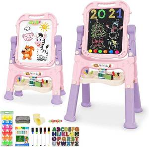 lot 5111 image: Art Easel for Kids, Adjustable Standing Rotatable Double Sided Easel with Painting Accessories for Toddlers Boys and Girls-Pink