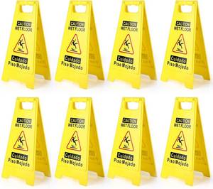lot 5130 image: 8-Pack Caution Wet Floor Sign,17.5 Height,Bright Yellow Double-Sided Folding A-Shaped Frame Design, Bilingual Caution Message