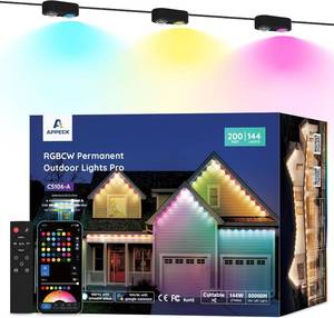 lot 5131 image: $323 APPECK Permanent Outdoor Lights Pro 200ft, 144W RGBCW Eaves Lights with 144 LED Lights, 80lm, Cuttable, 111 Scene Modes, IP67 Waterproof Lighting for Christmas Decoration, Work with Alexa, Black