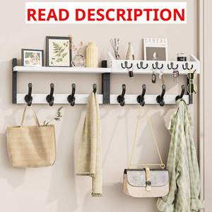 lot 5139 image: Evermagin 35 Coat Rack Wall Mount with Shelf, 4 in 1 Coat and Key Hanger with 12 Metal Hooks, Entryway Wall Mounted Shelf with Mail Holder for Living Room, Bedroom, White