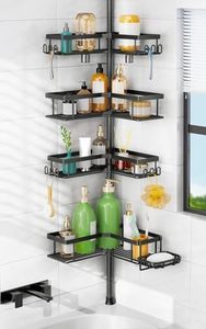 lot 5148 image: HAMITOR Shower Caddy Tension Pole 4-Tier Corner Rustproof Bathroom Organizer with Soap Holder & Hooks - No-Drill Adjustable Shower Shelf for Renters - Family Stand Storage Rack - 47-123 Inch Black