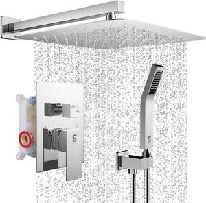 lot 5158 image: $207 SR SUN RISE Polished Chrome Square Rainfall Shower Head and Handle Set, Wall Mounted Shower Fixtures, Metal Shower Faucet Trim Repair Kits (With Shower Valve) 16 Inches