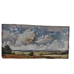 lot 5162 image: Framed painting depicting a landscape with dramatic clouds 59 X29