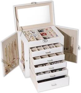 lot 5169 image: BOOVO Jewelry Box For women, 6 Layer Large Jewelry Organizer With Mirror, Multi-Function Storage Box With Lock, Accessory Holder With 5 Drawers, For Earrings Necklace Ring Bracelet (White)