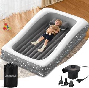 lot 5170 image: Inflatable Toddler Travel Bed - 67 Large Size Safety Kids Air Mattress with 4 Sides - Portable Camping Bed for Outdoor Sleepovers, Easy to Inflate & Deflate with Storage Bag & Pump, Grey