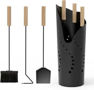 lot 5172 image: Fireplace Tools Set 4 Pcs Wrought Iron Fire Place Set Tools for OutdoorIndoor, Fireplace Accessories Included Poker, Shovel, Brush, Stand, Black
