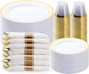 lot 5176 image: BESTVIP 350PCS Gold Plastic Dinnerware Set, Disposable Party Plates for 50 Guests, Include 100 Plastic Plates, 50 Pre Rolled Napkins with Gold Silverware, 50 Cups