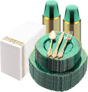 lot 5189 image: 350PCS Clear Green Plastic Plates for 50 Guests, Disposable Plates with Gold Trim include 100 Dinner Plates, 150 Gold Silverware, 50 Cups, 50 Napkins for Party, Wedding and Graduation