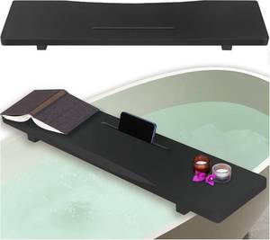 lot 5194 image: Stylish Black Bamboo Bathtub Tray Caddy with Adjustable Legs, Minimalistic Design Bath Tray for Tub, Bathtub Accessories, Fits Most Free Standing Bath Tubs, Idea for Women