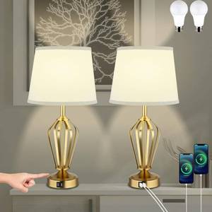 lot 5205 image: Touch Table Lamps Set of 2, nightstand lamp with USB Ports Bedside 3 Way Touch dimmer Desk lamp for Living Room Bedroom,Gold Plated Spiral cage Base Design Warm White dimmer Bulbs Included.