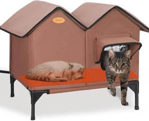 lot 5211 image: Heated Cat House for Outside in Winter Insulated Elevated Outdoor Cat House Weatherproof, Escape Door, Large Feral Cat Shelter Heated Bed for 23 Cats Stray Barn Kitty, Easy Assembly