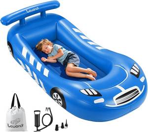 lot 5237 image: Lewondr Inflatable Kids Bed, Racecar Toddler Air Mattress with Safety Bumpers, Toddler Blow up Mattress with Hand Pump, Portable Toddler Travel Bed for Camping, Sleepovers, Vacation & Home, Blue