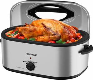 lot 5239 image: $110 28 Quart Electric Roaster Oven with Visible & Self-Basting Lid, Large Turkey Roaster with Defrost Warm Function, Adjustable Temperature, Removable Pan Rack, Stainless Steel, Silver
