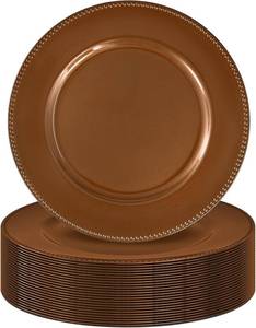 lot 5251 image: 24 Pack Charger Plates 13 Plastic Round Charger Plates Dinner Plate With Beaded for Wedding Table Dinner Kitchen Catering Event Party Decoration (Brown)