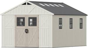 lot 6000 image: $2500 PARTIAL UNKNOWN CONTENTS 2 Boxes Out Of 13 Total Patiowell 10 x 16 FT Outdoor Storage Shed, Plastic Shed with Floor and Skylight, Resin Storage Shed with Four-Window and Lockable Door for Garden, Patio, Backyard, Beige
