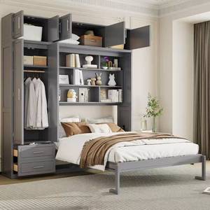 lot 6001 image: PARTIAL BOX UNKNOWN CONTENTS Box 4 of 4 Gray Wood Frame Queen Size Wall Murphy Bed with Top Cabinet, Shelves and Wardrobe