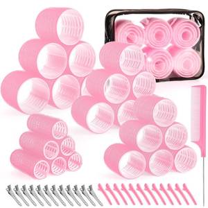 lot 493 image: 4 Sizes Self-Grip Hair Rollers Set for Long, Short Hair and Bangs - 50 Pcs with Clips (25mm, 36mm, 48mm, 60mm), Pink - Retail $9
