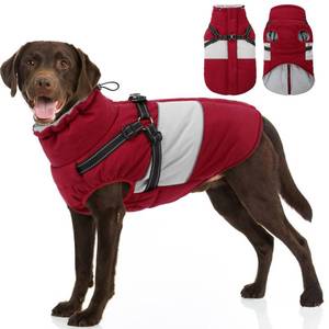 lot 499 image: SUNFURA Dog Jacket, Large Dog Coat with Harness Built in, Warm Pet Winter Jacket Zippered Snow Coat with Furry Collar, Waterproof Fleece Snowsuit for French Bulldog, Burgundy L - Retail $36
