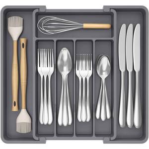 lot 509 image: Lifewit Silverware Drawer Organizer, Expandable Utensil Tray for Kitchen, BPA Free Flatware and Cutlery Holder, Adjustable Plastic Storage for Spoons Forks Knives, 8.5-14 x 12, Dark Gray - Retail $15
