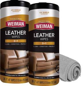 lot 521 image: Weiman Leather Cleaner Wipes - Clean Condition UV Protection Help Prevent Cracking or Fading of Furniture, Car Interior, Couch, and Shoes, 2 Pack with Microfiber Cloth - Retail $20