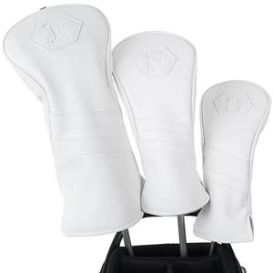 lot 523 image: Golf Club Head Covers for Woods and Drivers, Premium PU Leather Striped Simple Golf Club Covers, Golf Headcovers Set All White (SetD F H) - Retail $43