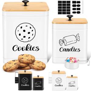 lot 524 image: SUGAR LABEL, NOT CANDIES Reallnaive 2 Pcs Cookies and Candies Jar with Airtight Bamboo Lid and Spoon Large Capacity Metal Cookies Candies Jars with DIY Labels Farmhouse Food Storage Containers for Kitchen Counter(White) - Retail $30