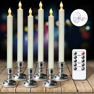 lot 535 image: Eldnacele Flameless Battery Operated Flickering Taper Candles with Remote Timer, LED Window Candles with Suction Cups, Set of 6 Silver Holders for Party Home Christmas Decoration - Retail $13