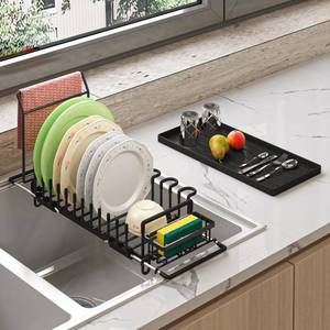 lot 560 image: Pre Owned KOSIWU in Sink Dish Drying Rack with Silicone Mat, Expandable Dishes Racks for Kitchen Sink, with Towel Bar, Black - Retail $21