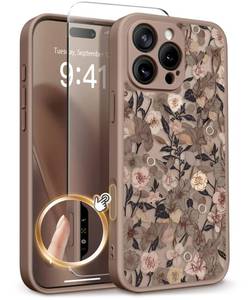 lot 563 image: GVIEWIN for iPhone 16 Pro Max Case Compatible with MagSafe, Military Grade Protection Screen Protector Full Camera Protection Floral Translucent Women Magnetic Phone Case, Apricot BlossomBrown - Retail $20