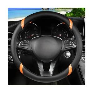 lot 586 image: Sandfren Carbon Fiber Car Steering Wheel Cover, 15 Inch Breathable PU Leather Vehicle Steering Wheel Protector with Anti-Slip Lining, Soft Automotive Interior Accessory, Universal Fit (BlackOrange) - Retail $7