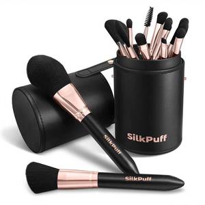 lot 593 image: Silkpuff Makeup Brushes Set 15 Pcs Professional, Travel Makeup Brushes With Brush Case, Pearlescent Wood Handle, Premium Cruelty-Free Synthetic Fiber Hair, Foundation Concealer Eye Shadow Blush��Black�� - Retail $25