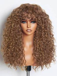 lot 606 image: GORGIUS Veralux Blend Human Hair Curly Wig with Bangs Cinnamon Brown Shaggy Curl Glueless Bang Wig with True Scalp Upgraded with Natural Human-Hair-Like Premium Synthetic Fiber - Retail $60