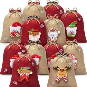 lot 633 image: PHOTO FOR REFERENCE SEE PHOTO FOR DESIGN 12Pcs Burlap Christmas Gift Bags with Drawstring, 8x10in 3D Doll Christmas Goody Gift Bags Small Jute Xmas Candy Bag, Linen Treat Reusable Xmas Gifts Wrapping Bag Holiday Party Favor Decor Santa Sacks - Retail $32
