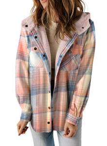 lot 645 image: Dokotoo Fashion 2025 Winter Clothing for Women Plaid Shacket Jacket Women Sherpa Lined Fleece Fur Hooded Button Up Long sleeve Flannel Shirts Fluffy Warm Thick Oversized Outwear Coat Pockets Pink M - Retail $40