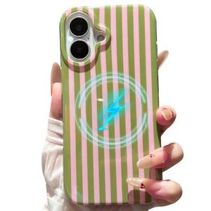 lot 648 image: Jmltech Magnetic for iPhone 17 Case Striped Phone Case Cute Women Girly Trendy Compatible with MagSafe,Shockproof Slim Soft TPU and Hard Back Protective Cover Pink Green - Retail $12