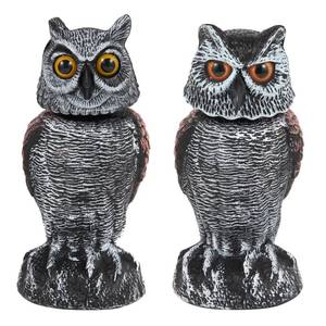 lot 680 image: Hedoc 2 Pack Fake Owl Decoys to Scare Birds Away, Rotating Head Bird Deterrents, Nature Enemy Scarecrow Plastic Statues, Pest Repellent for Gardens and Patios - Retail $22