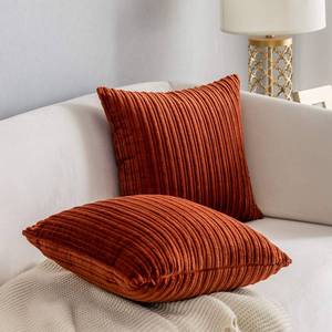 lot 704 image: Kevin Textile Set of 2 Fall 24x24 Pillow Covers Striped Textured Velvet Corduroy Decorative Europe Sham Couch Throw Pillow Cushion Cover for Seasonal Autumn, (60x60 cm), Burnt Brick - Retail $23