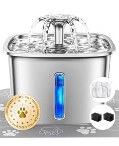 lot 708 image: PRE OWNED Veken Innovation Award Winner Stainless Steel Cat Water Fountain, 95oz2.8L Automatic Pet Fountain Dog Water Dispenser with Replacement Filters & Silicone Mat, Gifts for Cats, Dogs (Silver) - Retail $30