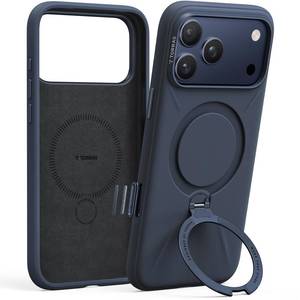 lot 712 image: TORRAS Q3 Silicone 360 Spin for iPhone 17 Pro Case with Stand, Fit for MagSafe, Magnetic Ring Kickstand with Camera Control, Liquid Silicone Rubber Soft Phone Case for iPhone 17 Pro 6.3, Deep Blue - Retail $39