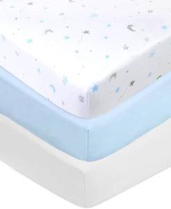 lot 728 image: American Baby Company 3 Pack 100% Natural Cotton Fitted Crib Sheets 52 x 28 - Soft, Breathable, Hypoallergenic & Gentle Toddler Bed Sheets, Blue StarsBlueWhite, Neutral for Boys & Girls - Retail $20