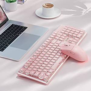 lot 746 image: SEE PHOTO FOR MOUSE DESIGN SEUNKWANG V3 Wireless Keyboard and Mouse with Single Backlit, Metal Panel, Bluetooth2.4G Rechargeable Computer Keyboard and Mouse Combo Silent Lighted Full Size Cute Keyboards-Pink - Retail $45