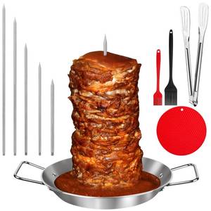 lot 757 image: Al Pastor Skewer for Grill, 13 Inch Brazilian Spit Stand with 5 Spikes & 2 Brushes, Tong, Pad, Stainless Steel Vertical Sticks, Gyro Pan with Fat Separator for Tacos Al Pastor, Shawarma, Chicken - Retail $30