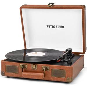 lot 766 image: DAMAGE SEE PHOTOS, POWERS ON Vinyl Record Player 3-Speed Bluetooth Portable Suitcase Records Player with 2 Built-in Stereo Speakers, Belt-Driven Turntable for Vinyl Records, Support RCA Line Out, AUX Out (Brown) - Retail $50