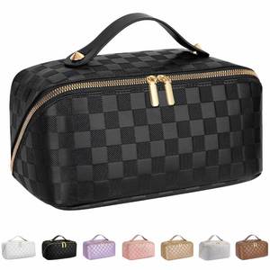 lot 771 image: ALEXTINA Large Capacity Travel Cosmetic Bag - Portable Makeup Bags for Women Travel Toiletry Bag Waterproof Leather Checkered Makeup Organizer Bag, Roomy Cosmetic Bag for Women and Girls, Black - Retail $21