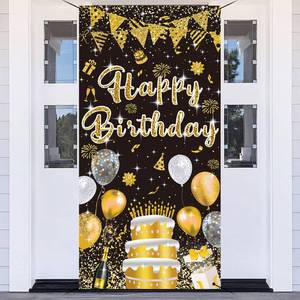 lot 774 image: GYA 3x6ft Black Gold Birthday Door Banner Glitter Sequin Happy Birthday Background Cake Balloons Gifts Backdrops Girl Boy Men Women Bday Celebration Party Decor - Retail $10