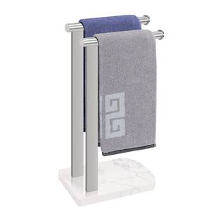 lot 788 image: NearMoon Hand Towel Holder with Balanced Marble Base, SUS304 Stainless Steel Stand Towel Ring L Shape Hand Towel Rack Free-Standing Towel Bar for Bathroom Kitchen Countertop(Double Rod Brushed Nickel) - Retail $27