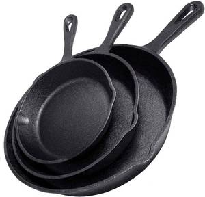 lot 191629 image: Cast Iron Skillet 3-Piece Set - Heavy-Duty Professional Restaurant Chef Quality Pre-Seasoned Pan Cookware Set - 10, 8, 6 Pans - For Frying, Saute, Cooking, Pizza & More,Black